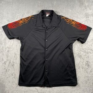 Vintage Studio YMLA Shirt Mens Size L Black Button Up Polyester Flames Rave USA